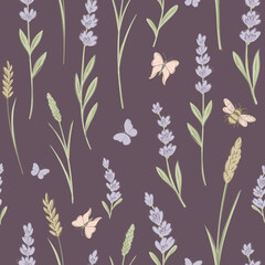 Vector vintage floral rustic seamless pattern, cottagecore neutral colors lavender flowers endless texture