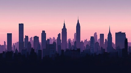 Silhouetted skyscrapers with sharp architectural lines, their peaks piercing a soft twilight glow 