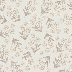 Vector ditsy floral cute rustic seamless pattern, cottagecore small neutral colors flowers