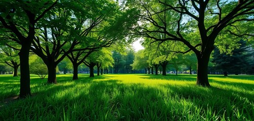 Fototapeta premium Lush green grass under a canopy of leafy trees, bright, scene