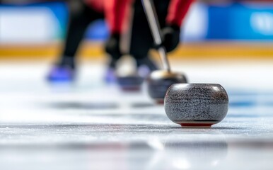 Curling player sliding stone on icy surface at final event focused