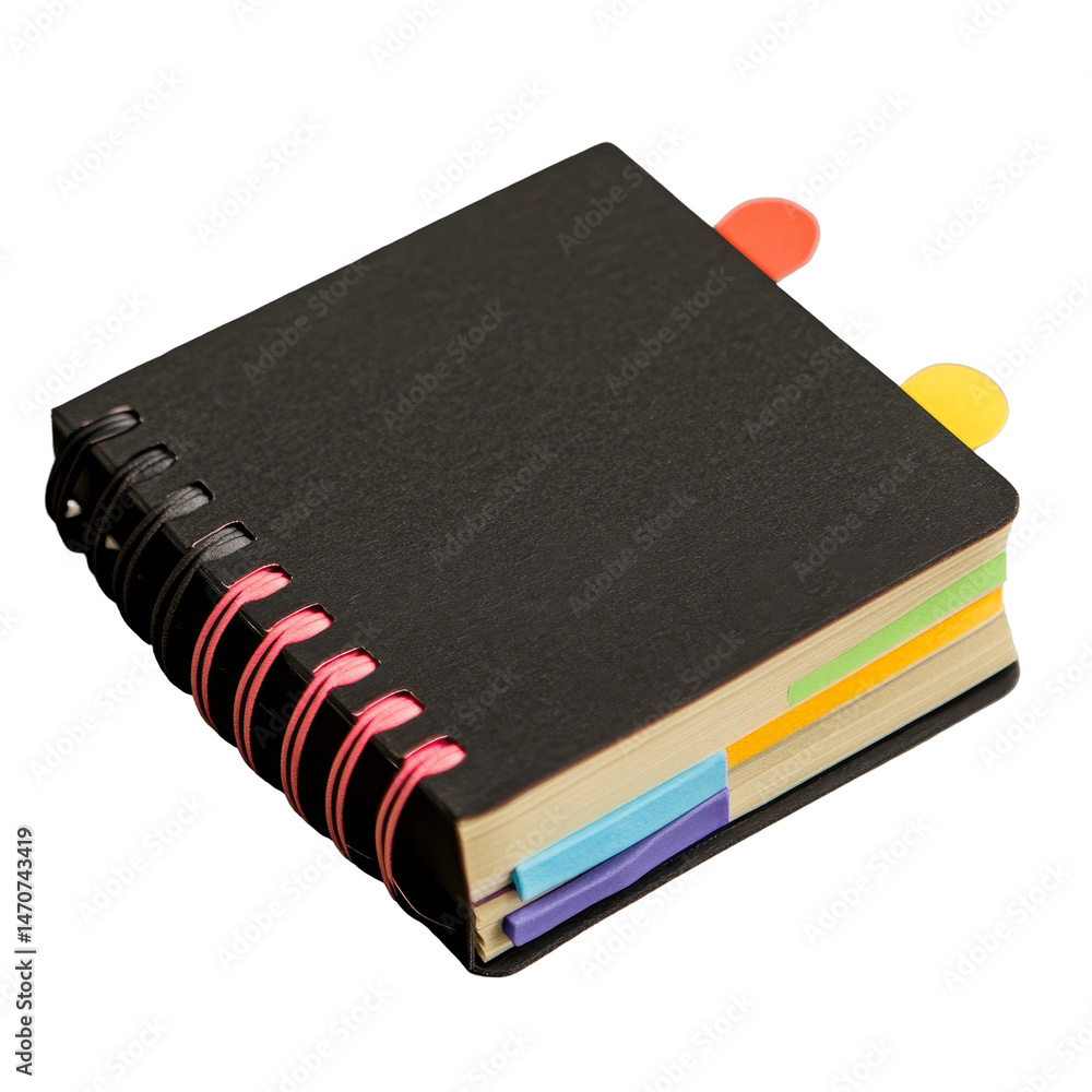 Poster closed black notebook with spiral binding and colorful tabs on a light gray surface during a calm af
