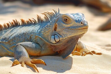 Obraz premium Close-up of a large iguana resting on sandy ground with detailed scales and spines under natural sunlight
