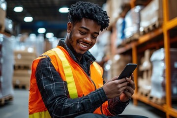 Smiling warehouse worker wearing an orange safety vest using a smartphone surrounded by stacks of boxed goods on industrial shelves