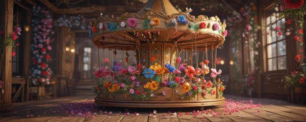 Fototapeta premium Whimsical floral carousel, vibrant blooms on rustic wood , colorful blooms, colorful, flower arrangement