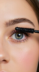 Close-up of Woman Applying Mascara to Eyelashes for Glamorous Look Enhancing Beauty and Confidence in Personal Care and Daily Routine Achieving Elegant Style
