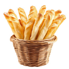 Homemade breadsticks arranged beautifully in a woven basket against a transparent background, Pie or bread Sticks in basket on transparent background