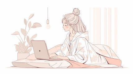 笑顔でパソコンを使っている若い女性のイラスト素材・楽しく働く・柔らかい色合い・ポップテイスト・デザイン業務・ナチュラル・温かみのあるオフィスシーン・明るい人物イメージに