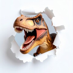 Fototapeta premium Fierce tyrannosaurus rex breaking through paper wall with roaring expression