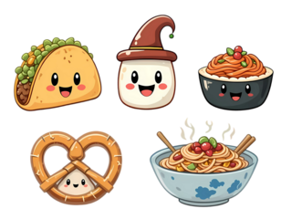 Cute Cartoon Food Icons: Tacos, Noodles, Pretzel, and More Transparent Isolated Background 