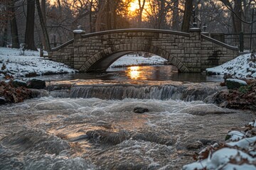 Stone bridge over a wintry stream at sunset.