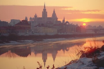 Obraz premium Cityscape reflected in tranquil winter river at sunrise.