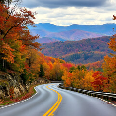 Winding road through peak autumn foliage, blue ridge parkway, north carolina