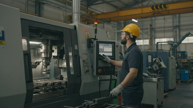 Factory worker operating computerized numerical control milling machine
