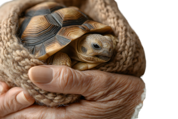 Closeup of a baby tortoise gently held in hands wrapped in warm fabric