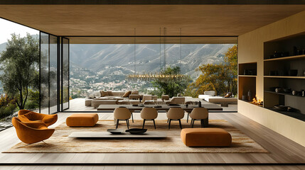 Fototapeta premium Modern Minimalist Interior Design with Panoramic Mountain View