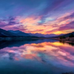 Vibrant sunset over a mountain lake with colorful sky and reflections on calm water, in digital painting style