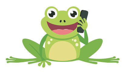 Obraz premium Happy frog on the phone. A cheerful green frog sitting and happily talking on a smartphone.