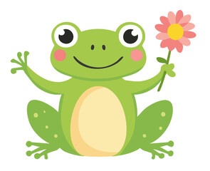 A cheerful frog with a pink flower, exuding happiness and joy