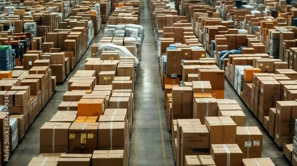 Poster An expansive warehouse with neat rows of packed cardboard boxes. A perspective shot showcasing the scale and efficiency of a product distribution center, ready for shipping and logistics.