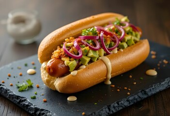 Macro image of gourmet hot dog on slate plate, studio backlight highlighting fresh toppings like avocado, red onions, spicy aioli.