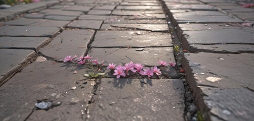 Delicate bloom bursts through weathered sidewalk cracks , flora, bloom, perseverance