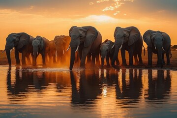A herd of elephants walking along a water body during a golden sunset with reflections and warm colors