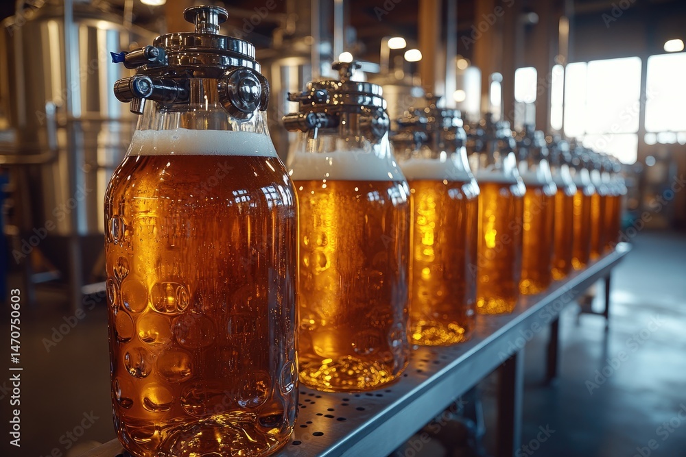 Poster row of filled beer bottles on a production line in a brewery.