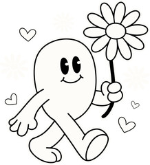 Cute black and white cartoon illustration of a happy, round character walking while holding a flower.