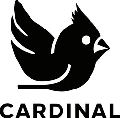 Minimalist vector logo of a cardinal bird in flight, designed in bold black silhouette style with clean lines and modern aesthetics. 