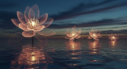 A surreal artistic landscape where giant translucent flowers bloom under a twilight sky, their petals glowing softly with inner light. The ground is covered in reflective water, mirroring the sky and