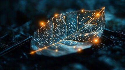 Abstract nature technology leaf circuit board design image eco art dark blue dark lines green light