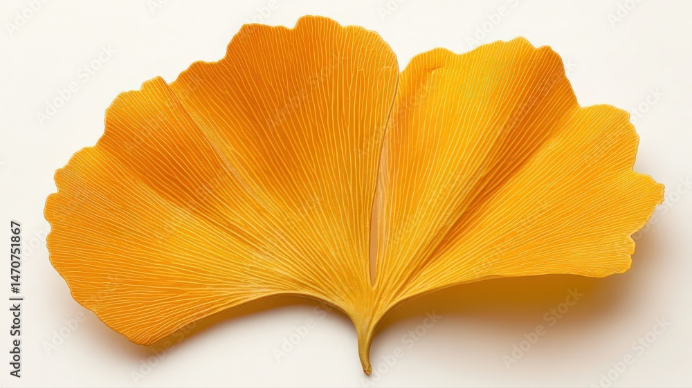 Poster close up golden ginkgo leaf displaying intricate veins on soft white background in macro