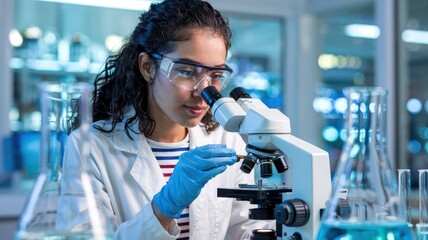 Focused female scientist examines sample through microscope in laboratory