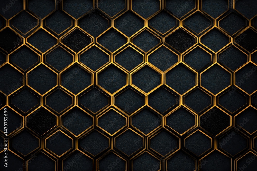 Poster dark golden hexagonal geometric pattern design.