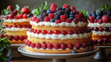 Delicious three-layer sponge cake decorated with fresh raspberries, blueberries, blackberries, red currants, whipped cream, and mint leaves on a wooden cake stand