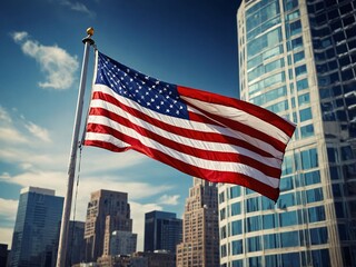 new york city skyline and american flag