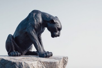 Dark panther sculpture seated on a rock ledge.
