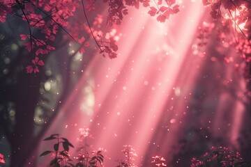 A magical, ethereal forest bathed in pink sunlight.