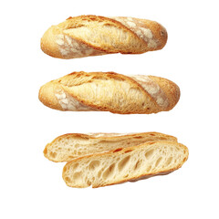 Sliced baguette viewed from above with contrasting textures against a transparent background, Different angle of sliced baguette isolated