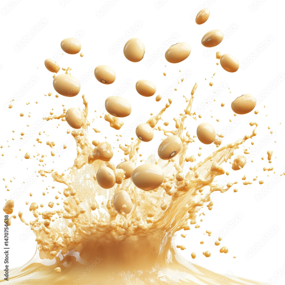 Poster soybeans splashing in a creamy liquid, showcasing dynamic motion and natural textures in a vibrant s