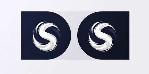 Abstract symmetrical design with two white and gray swirling shapes on dark rounded rectangular backgrounds connected by a lighter rectangular band conveying dynamic motion and balance