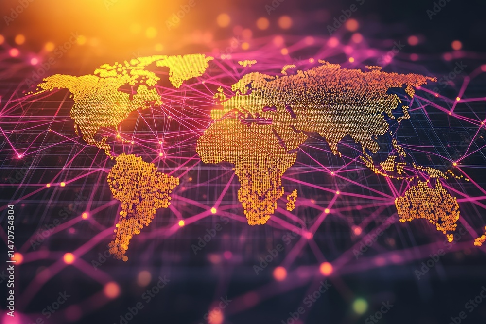 Aufkleber global network connection map with vibrant colors.