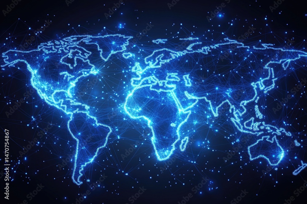Poster global network map with luminous continental outlines.