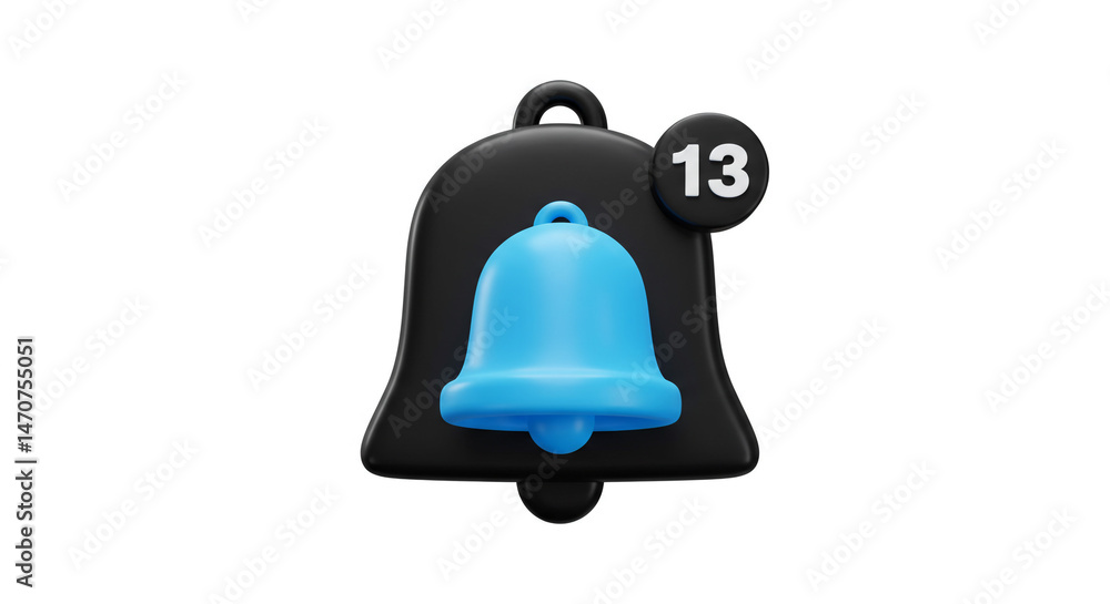 Poster a black notification bell with a blue clapper and a thirteen notification count on a white backgroun