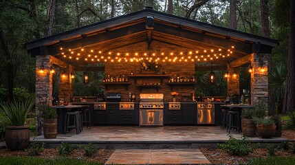 Illuminated outdoor kitchen pavilion with stone, grill, and bar.