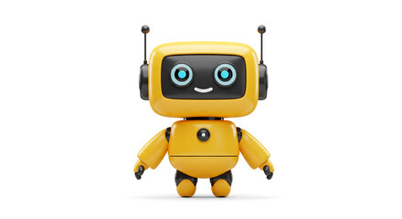Fototapeta premium A cute yellow robot with black accents standing on a white surface isolated in the center of the frame