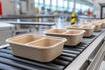 Empty, dual-compartment, eco-friendly food containers move along conveyor belt in a factory.