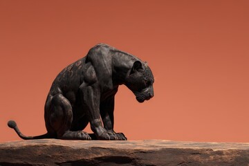Obraz premium Dark panther sculpture on a brown rock.