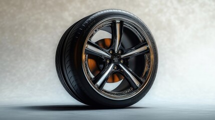 Close-up of a single modern black car tire with shiny five-spoke metallic alloy wheel on a smooth surface with a neutral background